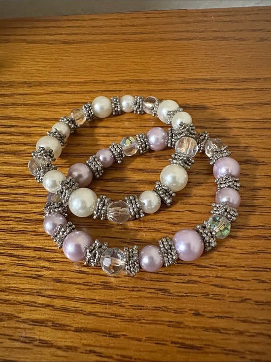 Jewelry - Pearl and Crystal Stretch Bracelet Set - Lavender and Ivory